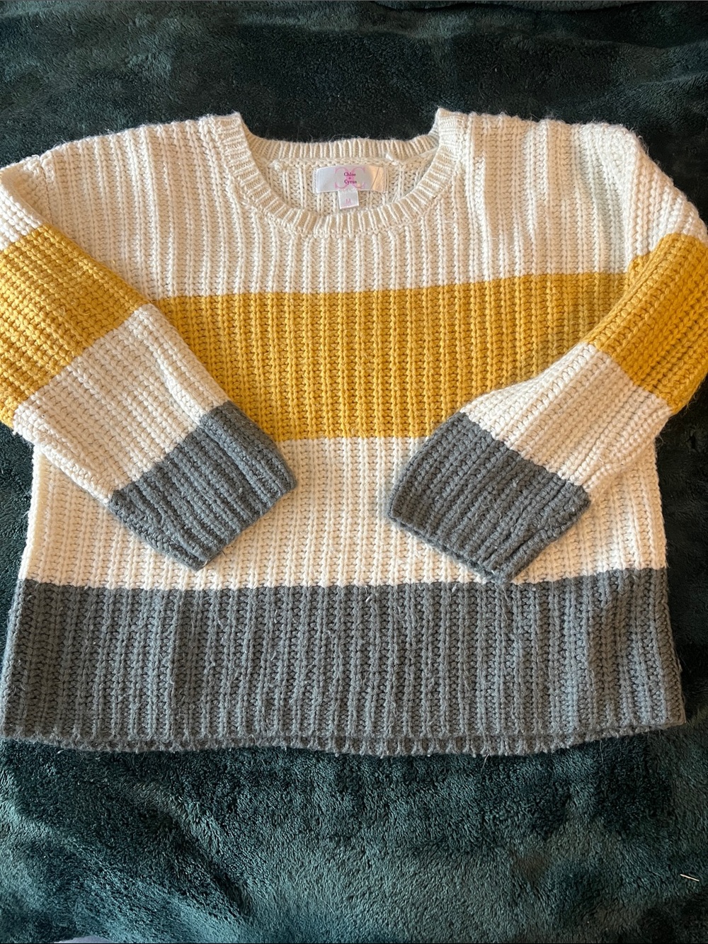 Girls' Striped Knit Sweater in Yellow, Gray & Cream